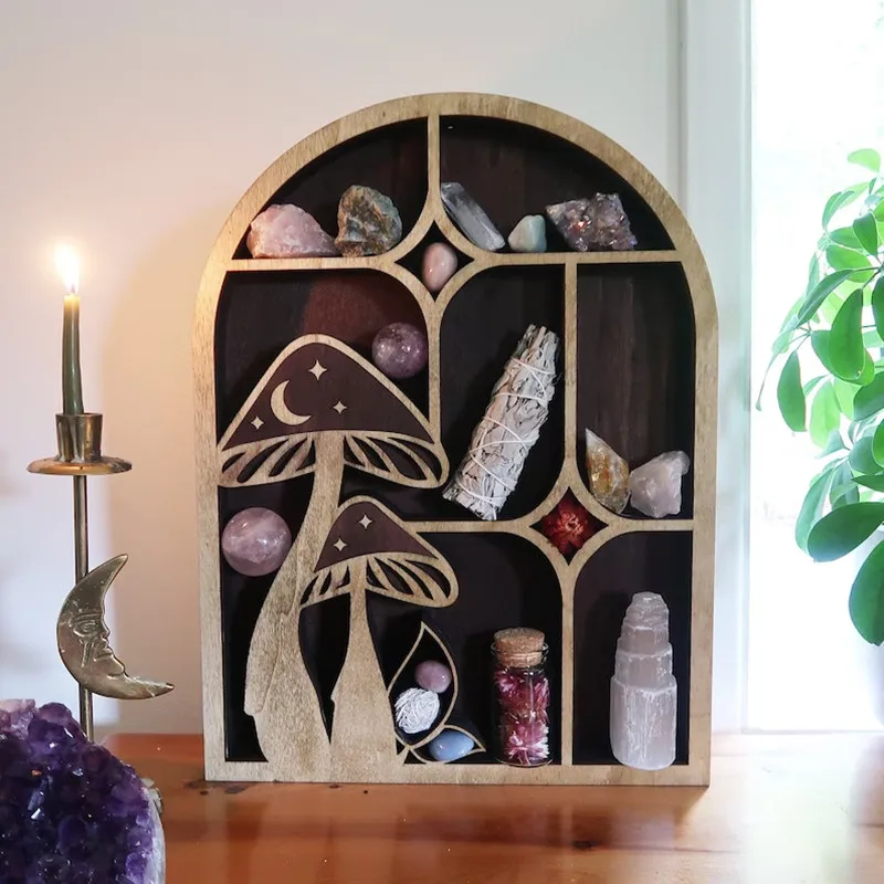 

Crystal Display Wooden Shelf Heart Black Cat Wolf Witch Fairy Butterfly Design for Living Dinning Room Bed Storage Home Decor