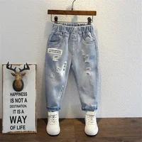 Jeans pour garçons printemps automne nouveaux enfants trou Demin pantalons enfants portent adolescent mode ajustement pantalons longs imprimer sarouel pantalon 3-12 ans 2