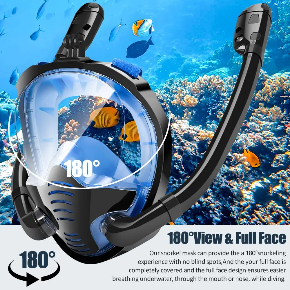 Double Tubes Full Face Snorkel Mask New Breathing Mode 180&deg; Panoramic Anti-Fog Diving Mask Dry Top System for Adults Teenagers snorkeling diving mask,diving mask