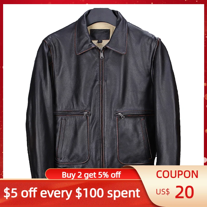 2024 Vintage Black Military Style Genuine Leather Jacket Men Plus Size 5XL Real Natural Cowhide Autumn USAF Aviation Coat
