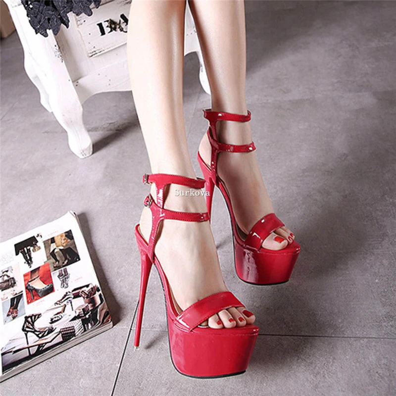 

Red Ankle Straps Platform Sandals Women High Heels Stilettos Shoes Woman's Summer Wedding Rome Shoes Open Toe Buckle Party Pumps