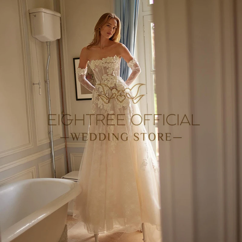 Eightree 2024 Princess A-Line Wedding Dresses Boho Strapless Lace Appliques Bridal Dress Elegant Wedding Prom Gowns Custom Size 4