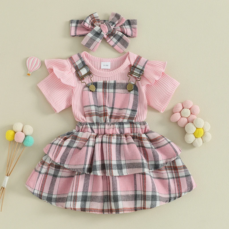 

Baby Girls Summer Outfits Solid Color Rib Knit Short Sleeve Rompers Plaid Suspender Skirts Headband 3Pcs Clothes Set