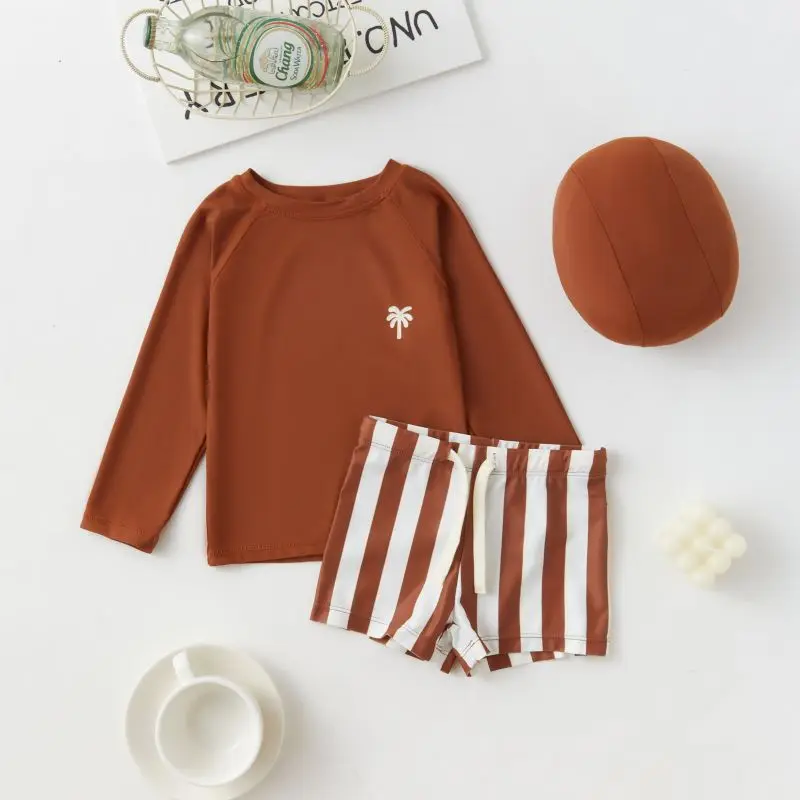 Boys' long-sleeved split swimsuit and swimming cap set