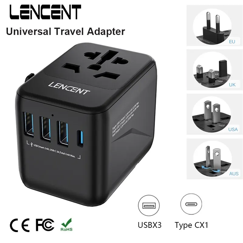 Lencent-محول سفر عالمي مع 3 منافذ USB ، 1 type-c ،...