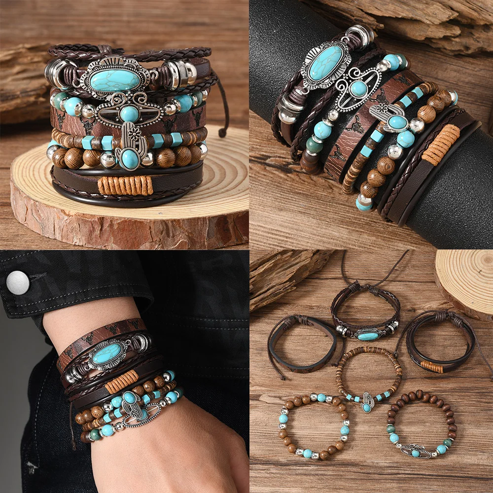 Retro Men's Multi-Layer Cactus & Turquoise Accessories Set with Leather and Wooden Beads