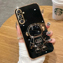 Astronaut Holder Luxury Plating Case with Silicone Stand Cover for Galaxy M14 5G (YHY Black)