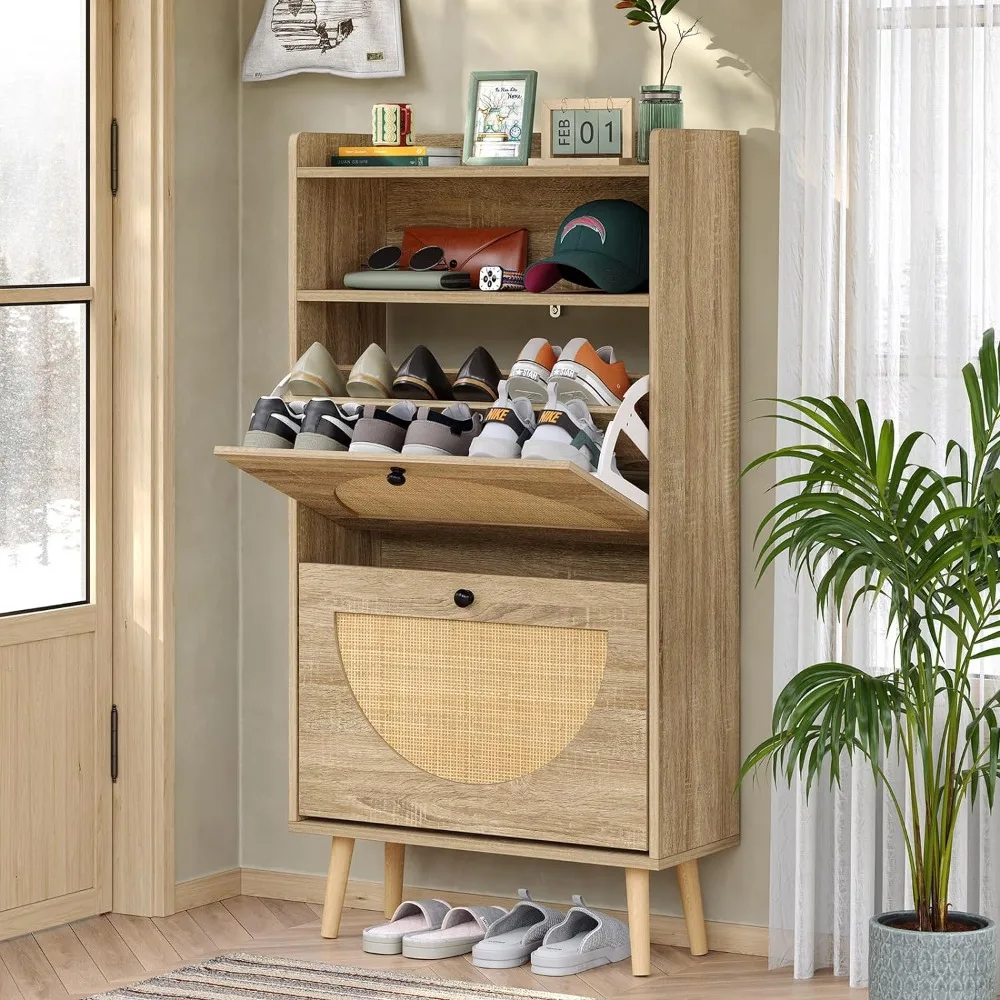 

Shoe Rack Storage Organizer with 2 Natural Semi-Circular Rattan Doors and Storage Space, Entryway Shoe Cabinet for Sneakers
