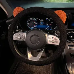 Winter Warm Plush Bear Ear Steering Wheel Cover - Soft Cartoon Design, 38cm (Black)