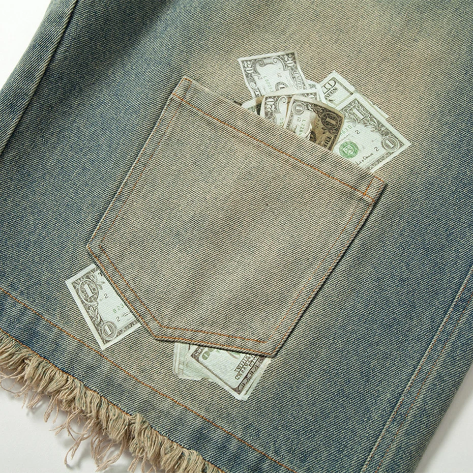 Vintage Men Denim Shorts Pokcet Patchwork Casual Loose Shorts Streetwear Harajuku Hip Hop