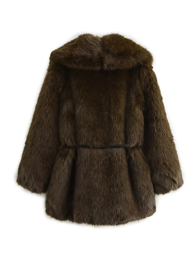 Women's Lapel Faux Fur Coat With Belt Winter Fashion Elegant Long Sleeve Thicken Warm Jackets Casual Female Street Outerwear