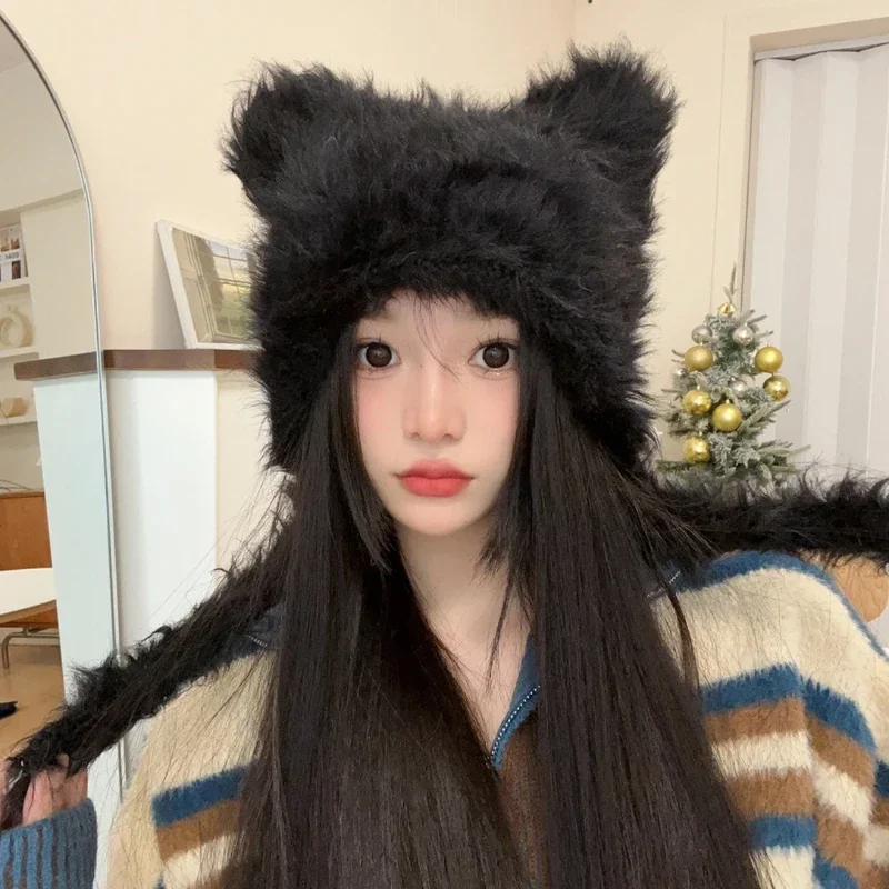 Halloween Winter Plush Cute Cat Ears Beanies Women Pullover Hats Korean Ear Protection Strap Beanies Hat with Earflap Y2k Girl 4