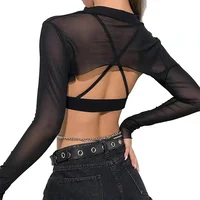 Col roulé en maille gothique pour femme, voir à travers les manches longues, BEmbed o Shrug Crop, Y-Black O-Ring Metal Tative 3