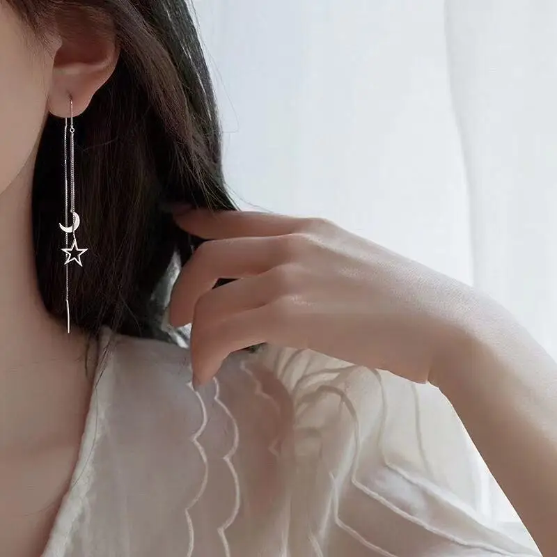 

Star Moon Stainless Steel Long Pendant Earrings For Women Silver Gold Color Tassels Accessories Temperament Women's Jewelry