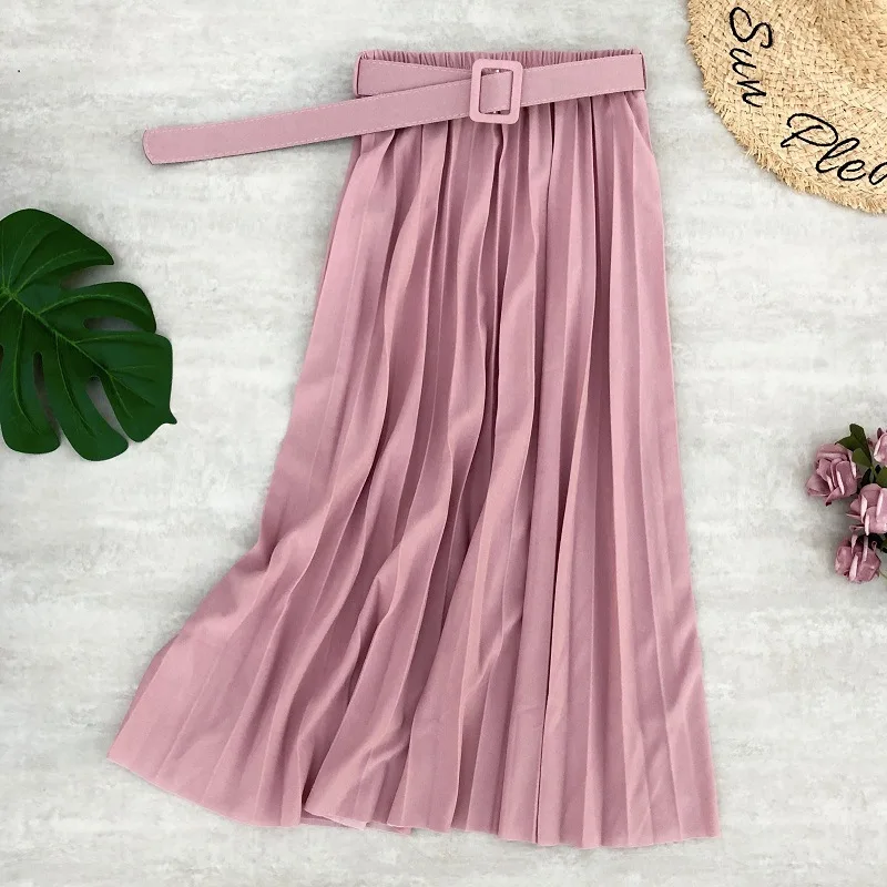 midi skirt PEONFLY New Women Fashion Belt Solid Color Pleated Midi Skirts Faldas Mujer Ladies Elegant High Waist Retro Casual Skirts golf skirt Skirts