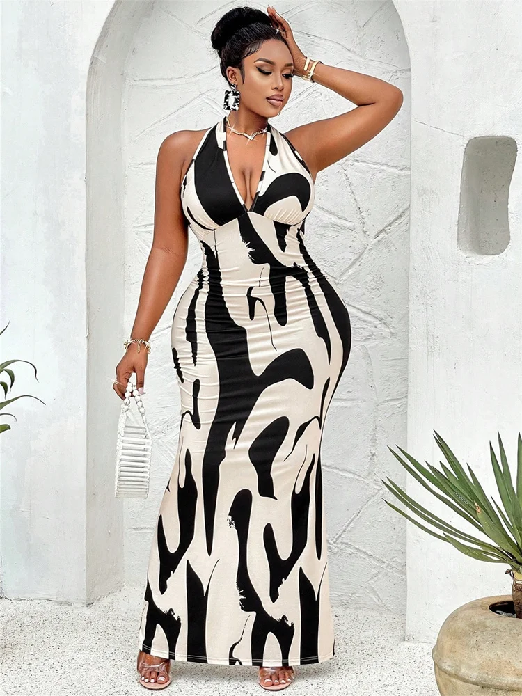 Wmstar Plus Size Dress Women Wholesale Spring and Summer Sexy Halter Cow Print Dress V Neck Backless Elegant Long Dress 2025