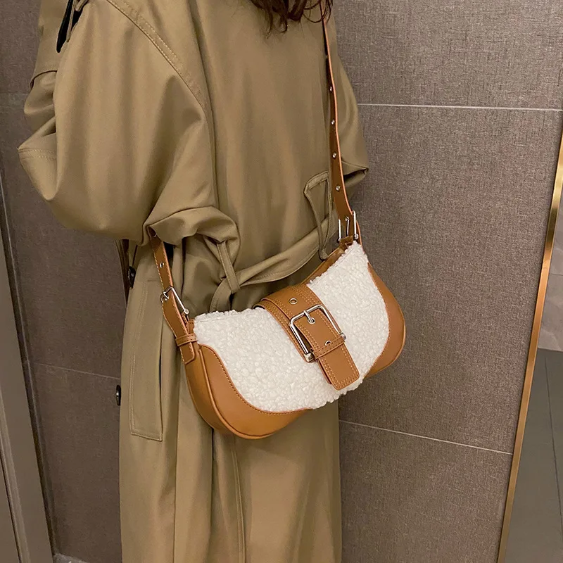 Handbag For Women Retro High Quality Stitching Plush Shoulder Underarm Bag Niche Design New Winter Fashion Crossbody Bags Purse