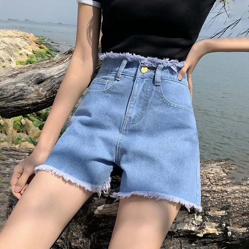 

Fashion High Waist Denim Shorts Women Summer Loose 2022 New Korean Style Raw Edge Shorts Casual jeans Short pants