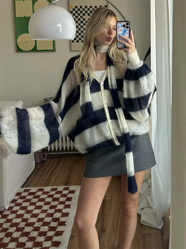 V-Neck Scarf Sweater Cardigan Female Contrast Casual Patchwork Autumn Hollow Out Outwear Women's Knitwear Coat Cardigan