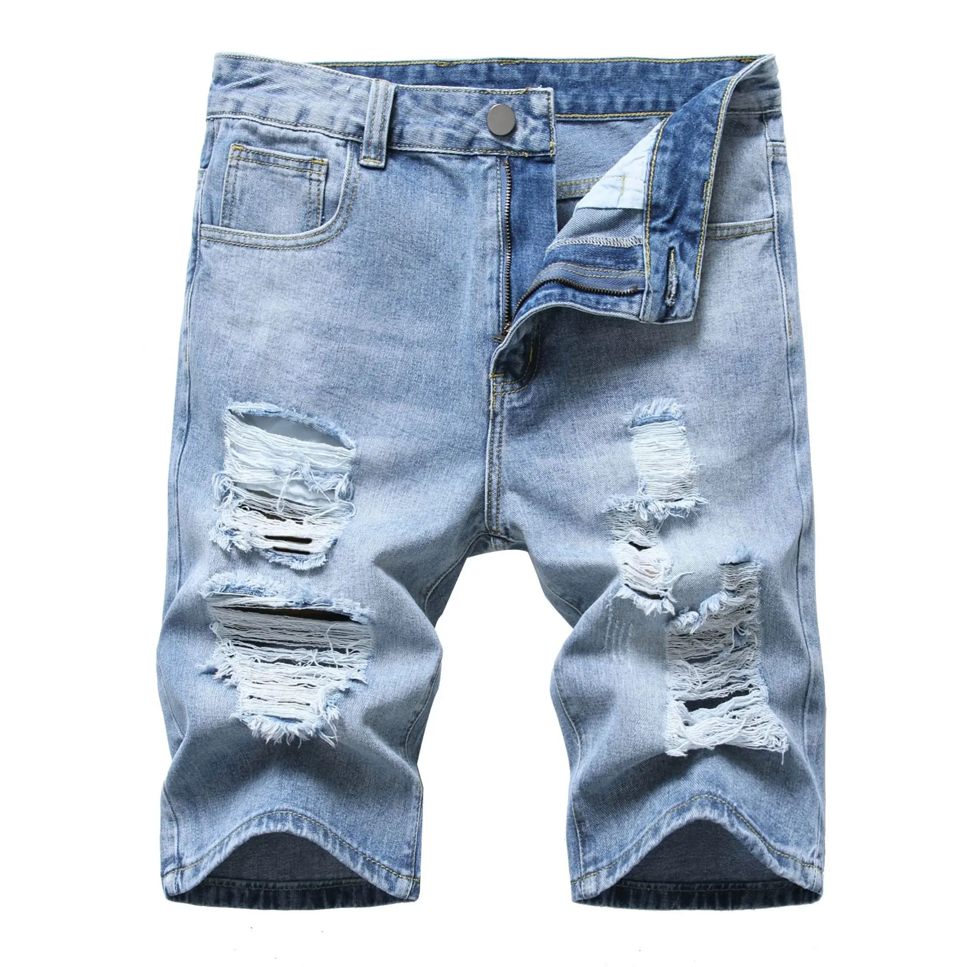 Holes Denims Men Distressed Ripped Pockets Skateboarding Knee Length Pants Washed Mid Waist Straight Jeans Streetwear