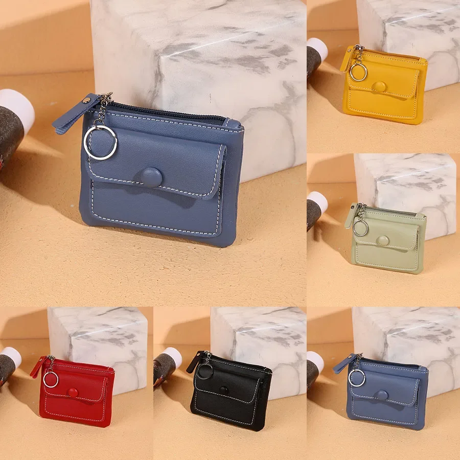 여성용 작은 가죽 PU 동전 열쇠 고리 지갑, 패션 지퍼 작은 지갑, 돈 가방, 단색 짧은 변경 파우치 동전 지갑 