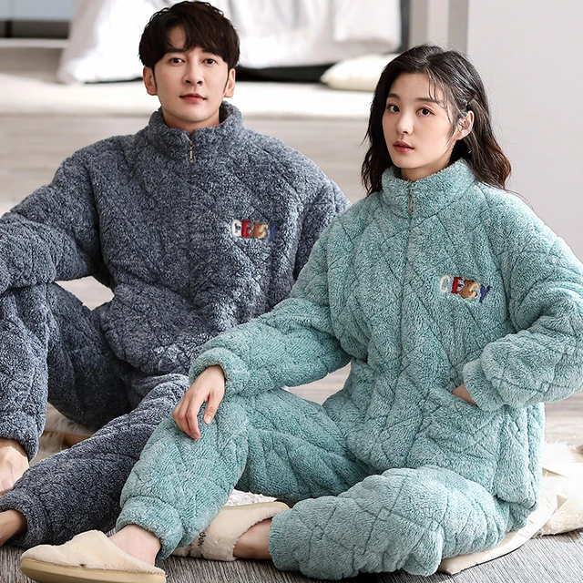 Newest Pajamas Set Couple Winter Three-layer Thick Coral Fleece Quilted  Flannel Warm Sleepwear Casual Ladies Homewear Nightgown - AliExpress