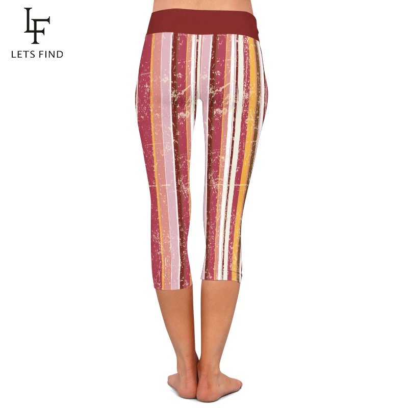 LETSFIND Neue Frauen Hohe Taille Capri Leggings Mode Lässig Gestreiften Druck Mid-Kalb 3/4 Stretch Leggings für Sommer