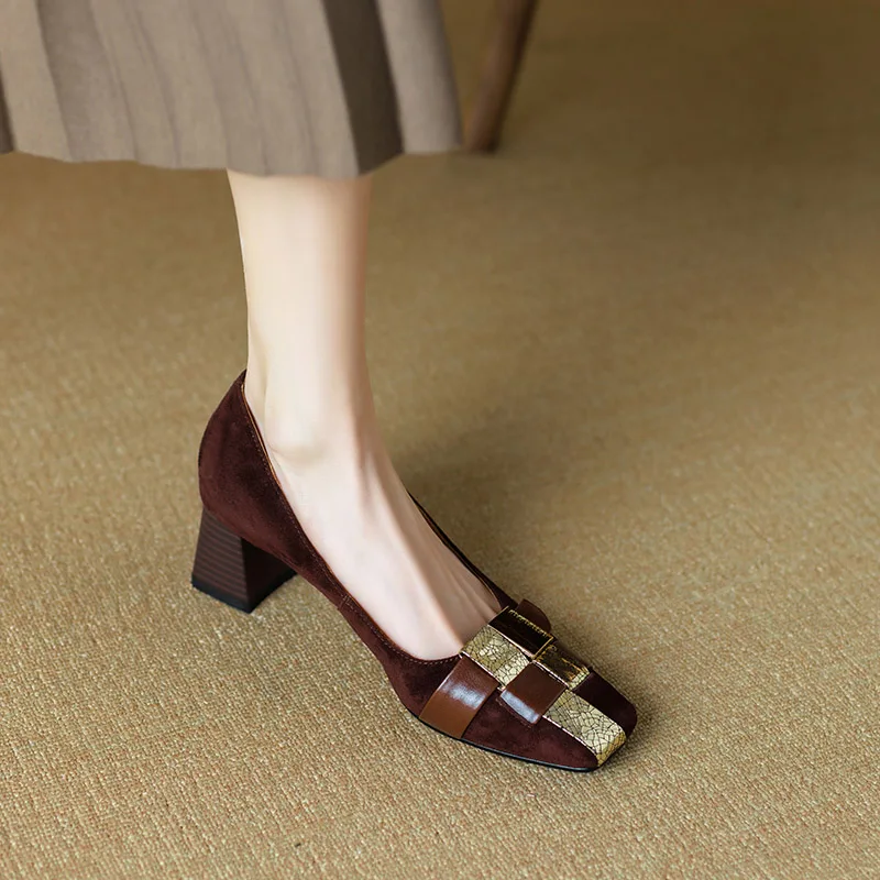 

Phoentin Women's Designer Retro new square toe pumps 2024 Elegant Office Lady 5cm high heels Genuine leather suede shoes FT3180
