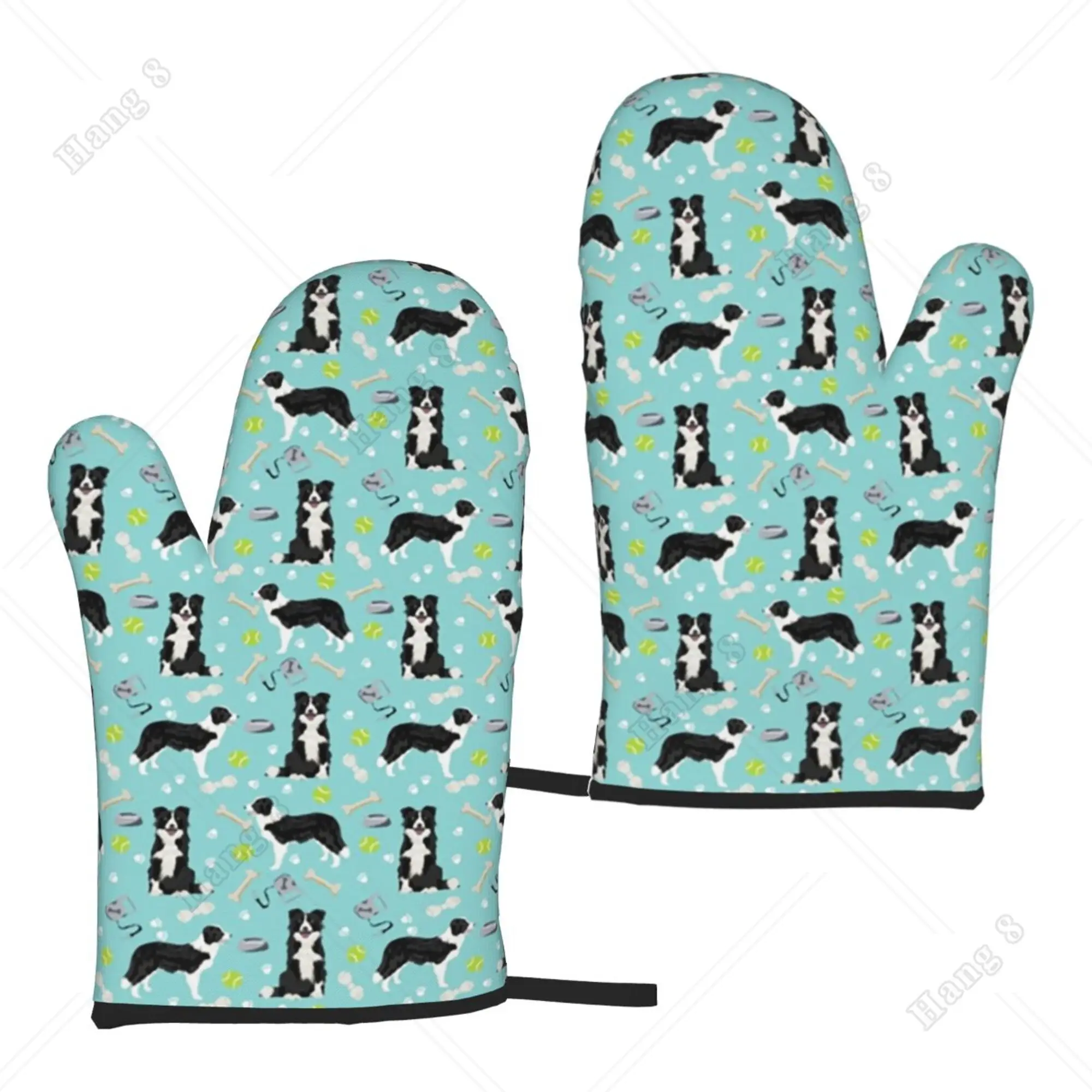 

Black Border Collie Dog Oven Mitts Set of 2 Gloves for Kitchen Cooking Baking BBQ Women Men Heat Resistant Hanging One Size