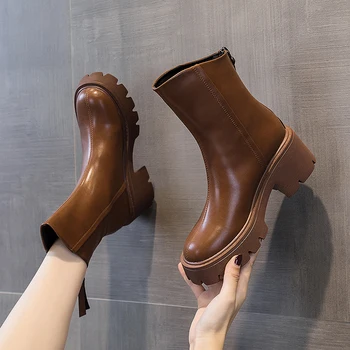 AIYUQI Women Booties Genuine Leather British Style Short Boots Women Retro Back Zipper High Heels Western Cowboy Boots Women 5