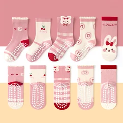 Children's Non - Slip Indoor Floor Socks - 5 - Pack with Pink Bow and Bunny Pattern, Featuring Cherry and Letter Designs, Soft Sole Perfect - 0 - 3Y (Pink)