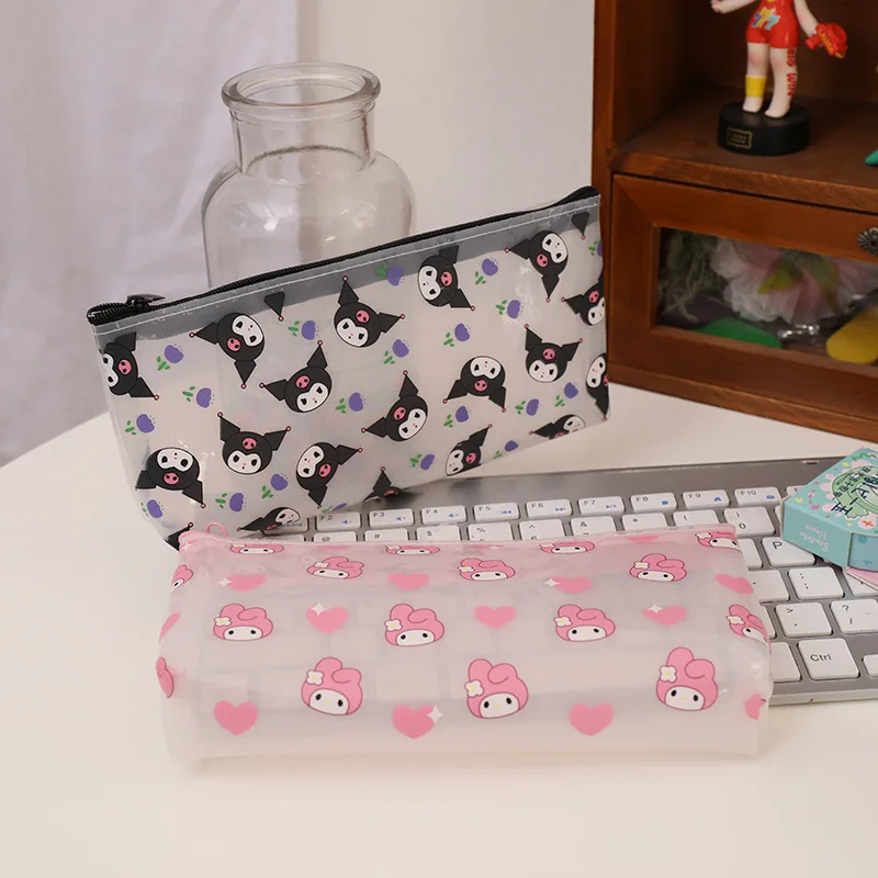 Cartoon Sanrio Pencil Bag Melody Kuromi Snack Transparent Pen Bag Student Storage Zipper Bag School Supplies Children Stationery 1pc 11x9x2 5cm transparent storage box card holder sticker stationery film classification for craft supplies