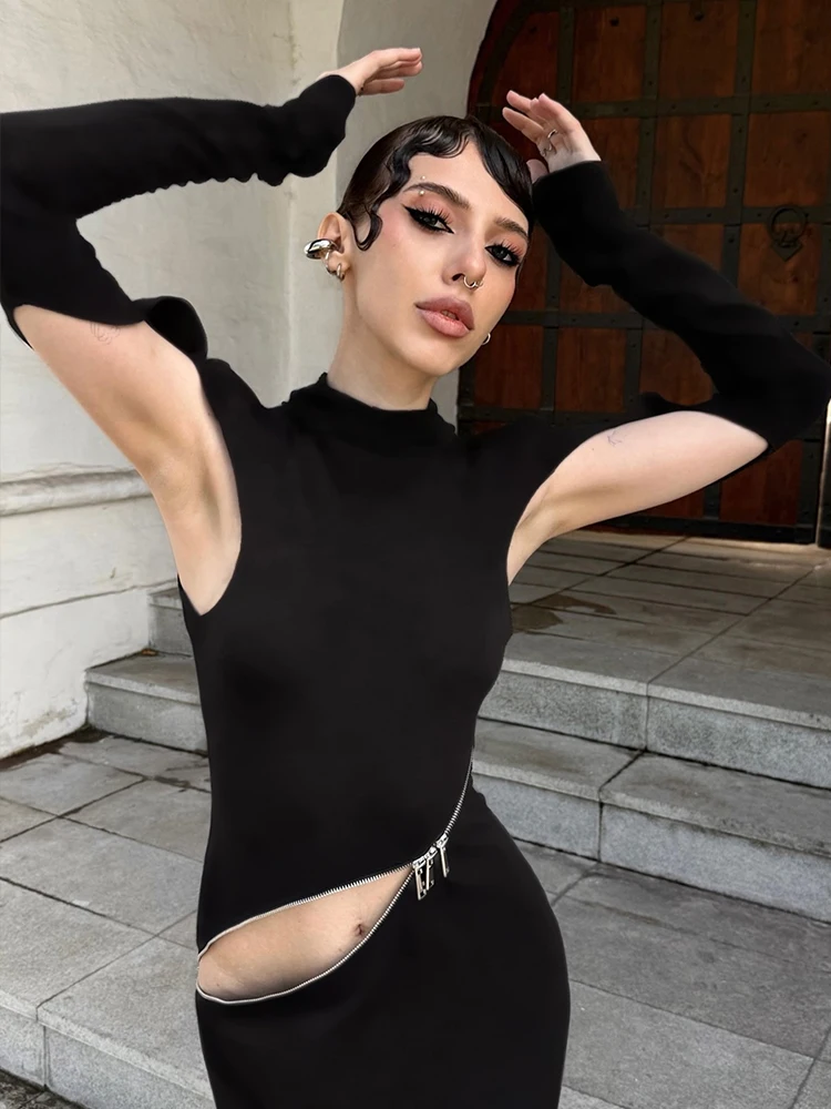 Nibber Asymmetrical Zip Sexy Irregular Hollow Dress Women New Style Trend Fashion Elegant Stretch Skinny Street Maxi Bodycon