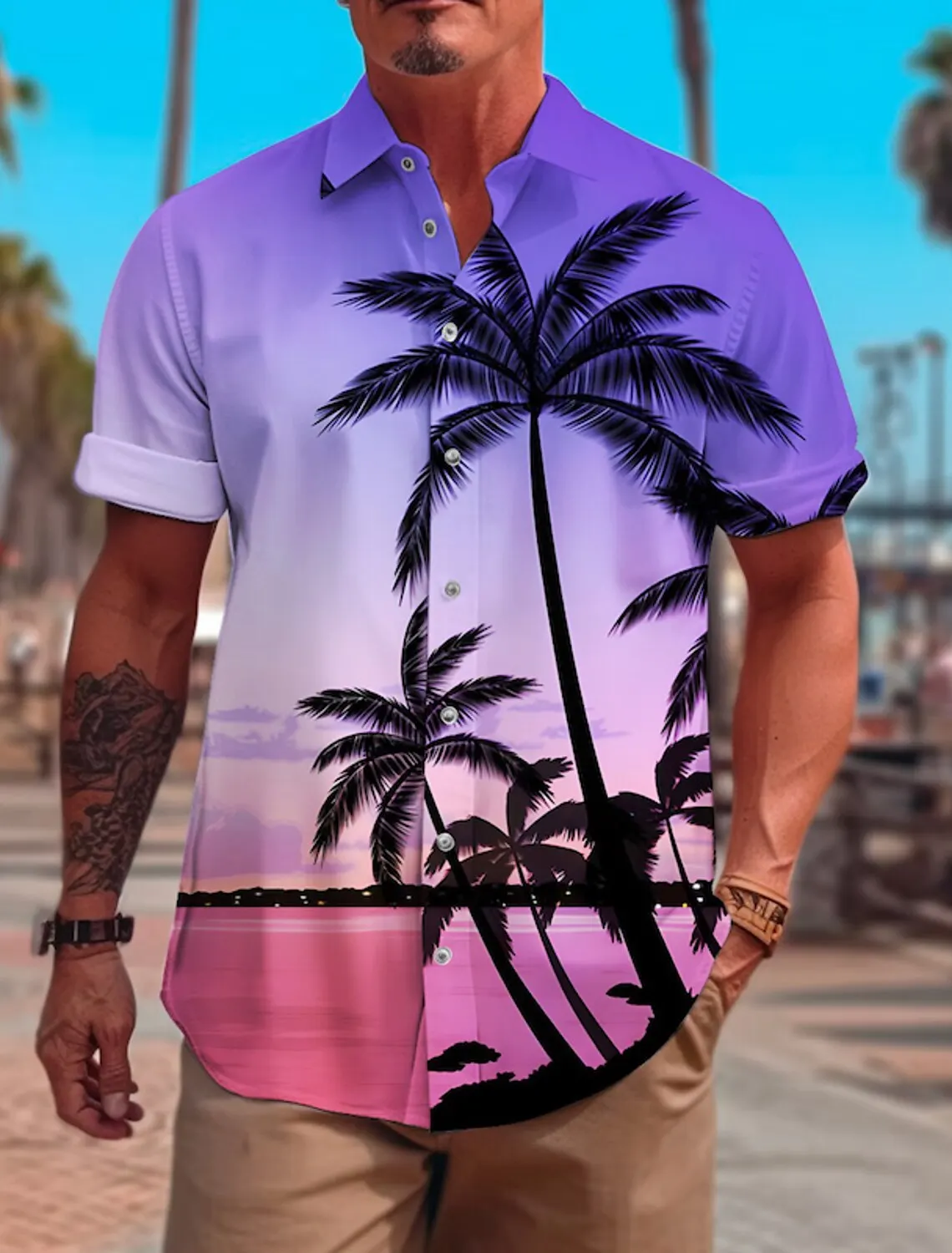 Hawaii Purple Beach Party Mens Graphic Shirt Summer Hawaiian Coconut Tree Turndown Button Manica Corta Fashion Street Palm Trees