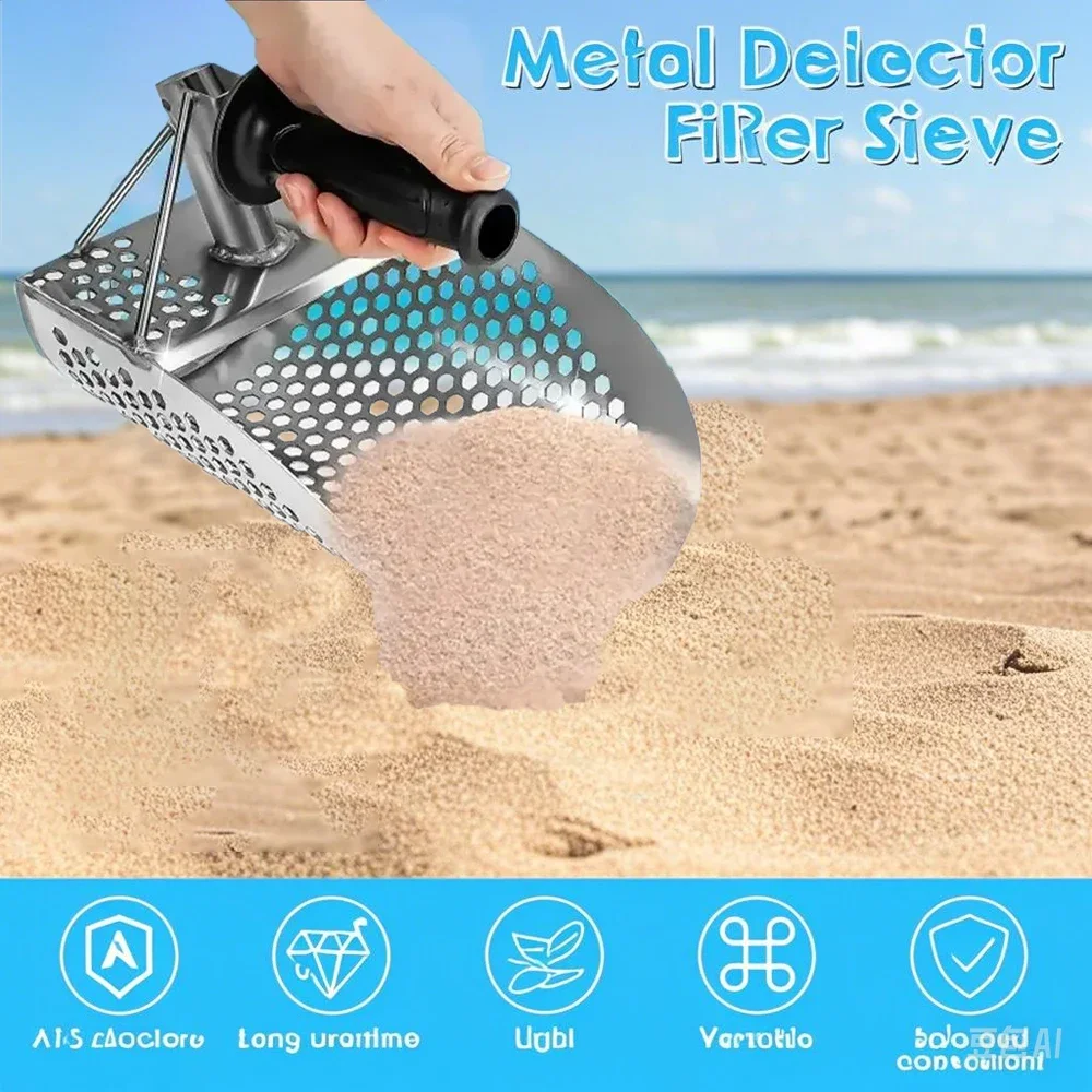 Metal Detector Sand Scoop Rustproof Stainless Steel Beach Shovel Reinforced Sieve Ergonomic Grip sand scoop