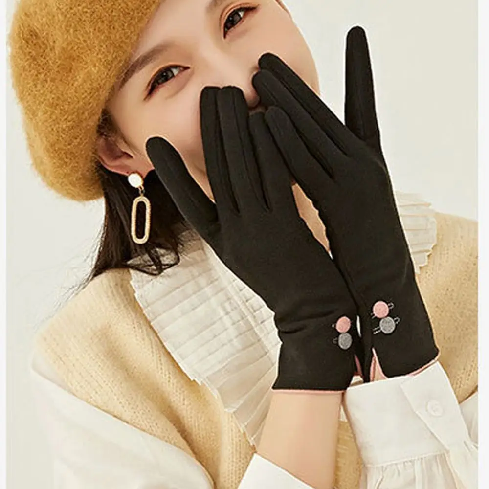 

Women Autumn Winter Velvet Cashmere Full Finger Warm Gloves Button Embroidery Touch Screen Driving Mitten