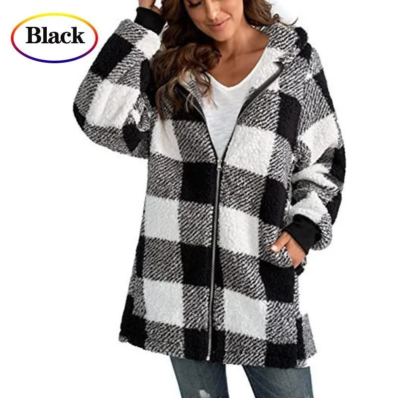 Women's patch winter outdoor faux fur zipper plaid parka plus size sewn plaid jacket hooded warm plush loose jacket
