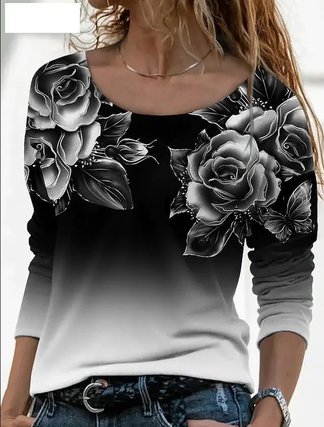 2022 New Spring Autumn Women's Fashion Loose Casual Floral Print Long Sleeve Floral Print Round Neck Autumn Tshirt Tops Blouses tees