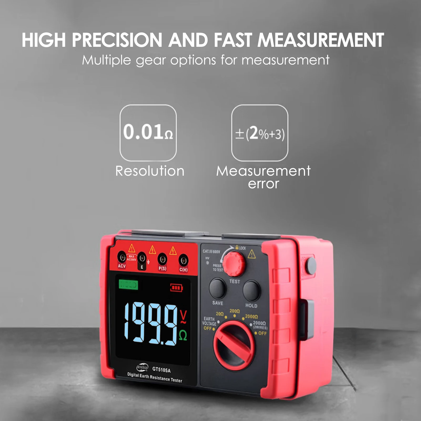 BENETECH 디지털 접지 저항 테스터, 배터리 감지, 2000Ω Megohm 계량기 Megohmmeter 전압계, GT5105A