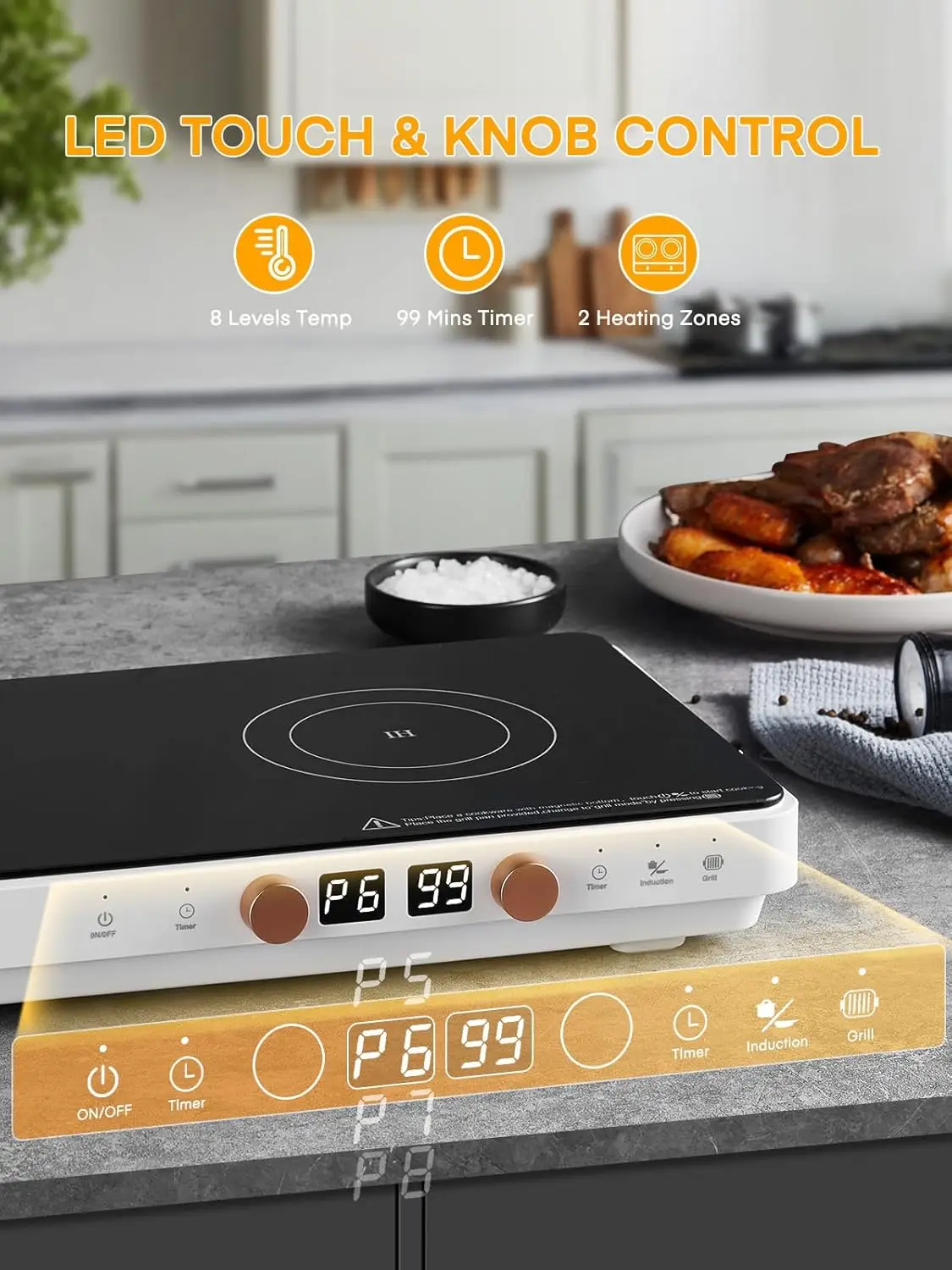 Cooktop 2 Burners, Double Induction Hot Plate with Removable Iron Cast Griddle Pan Non-stick, Independent Temperature Control,To 3