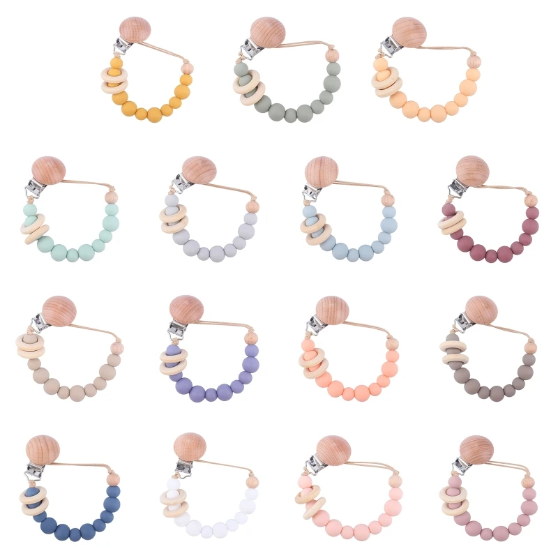 

Y1UB Baby Pacifier Chain Clip Nursing Teether Soother Holder Silicone Beads Chain Wooden Clip DIY Nipple Holder Leash