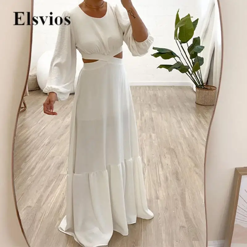 

Elegant Women Lantern Sleeve Long Dress Casual Ruffle Loose Swing Maxi Dress Fashion Sexy Hollow Tie Backless Design Party Dress
