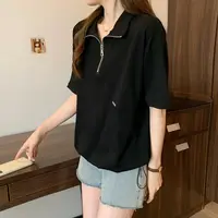 Polo Zipper T Shirts Women Summer Casual Loose Short Sleeve Pullover 2025 new Korean Lady Fashion Shirring Black Tops - Image 6