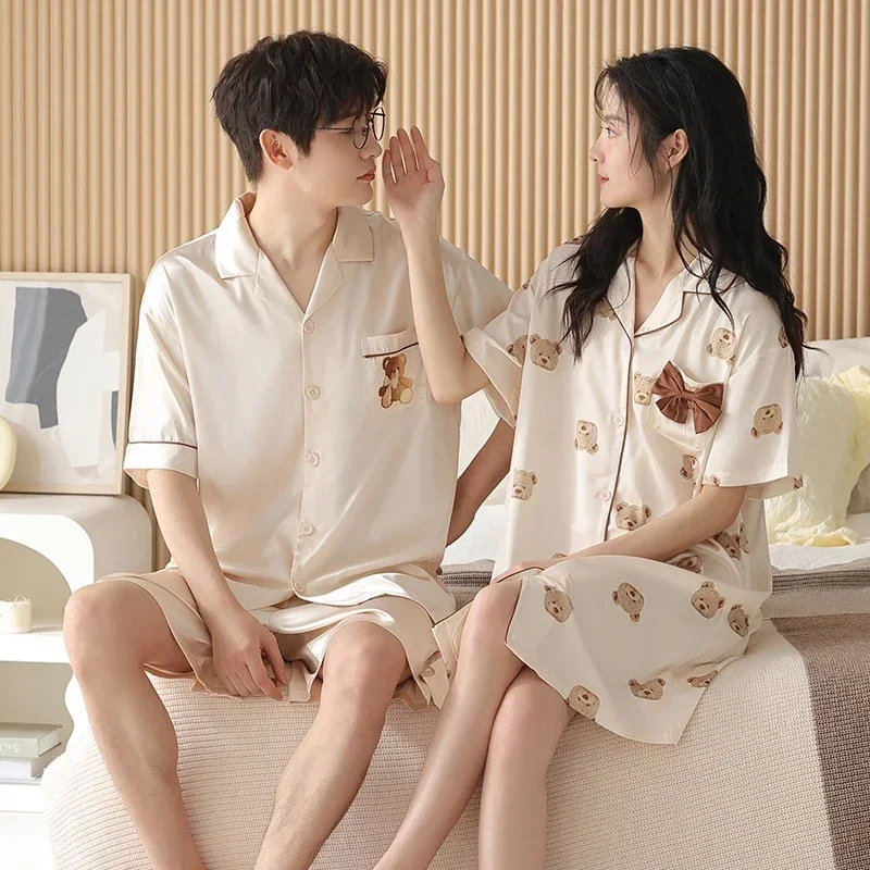 Summer Couple Short Sleeve Silk Satin Pajama Sets for Men Korean Cute Cartoon Sleepwear Women Night Dress Homewear Clothes