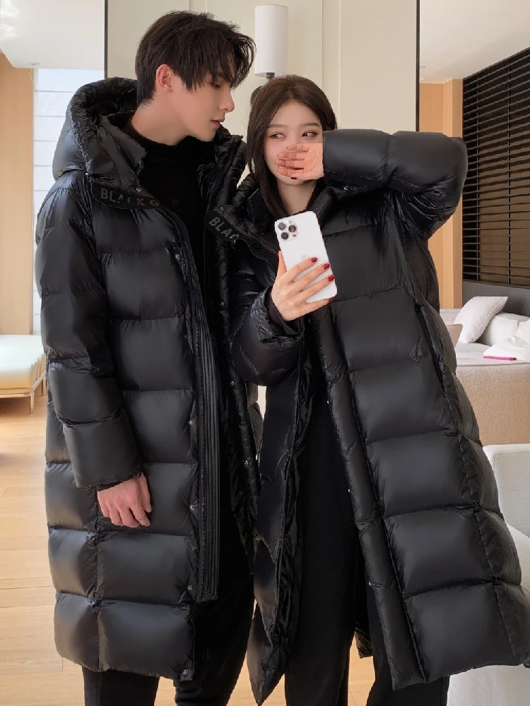 Men's Women Thick Winter Warm X-long Jackets 90% White Goose Down Couple Hooded Coat