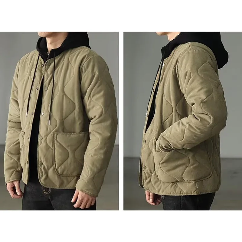 Amekaji Cotton Jacket Men Retro Solid Color Thermal Coat Autumn Winter Quilting Thickened Liner Casual Loose Crewneck Homme Tops 4