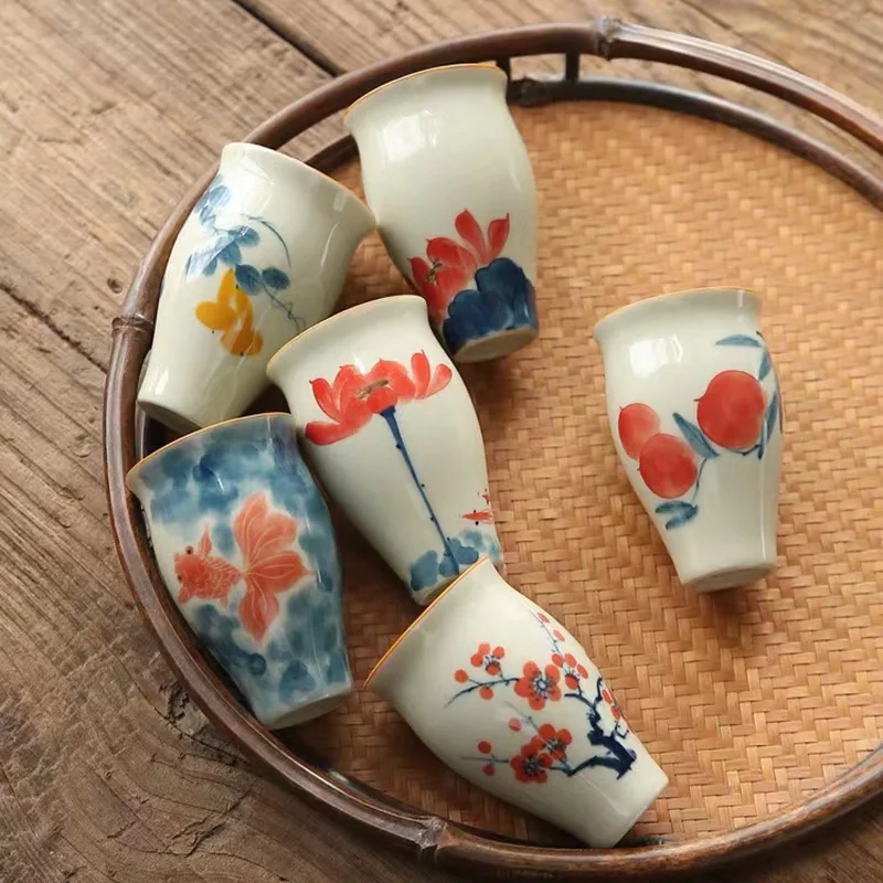 50ml Hand-painted Ceramic Tea Cup, Underglaze Color, Koi and Lotus Flowers, Fragrant Cup, Antique Style Wine Master Cup
