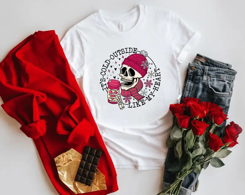 

It's Cold Outside Like My Heart Skeleton Skull Skeleton Valentine's Day Short Sleeve Top Tees 100% Cotton y2k O Neck Streetwear