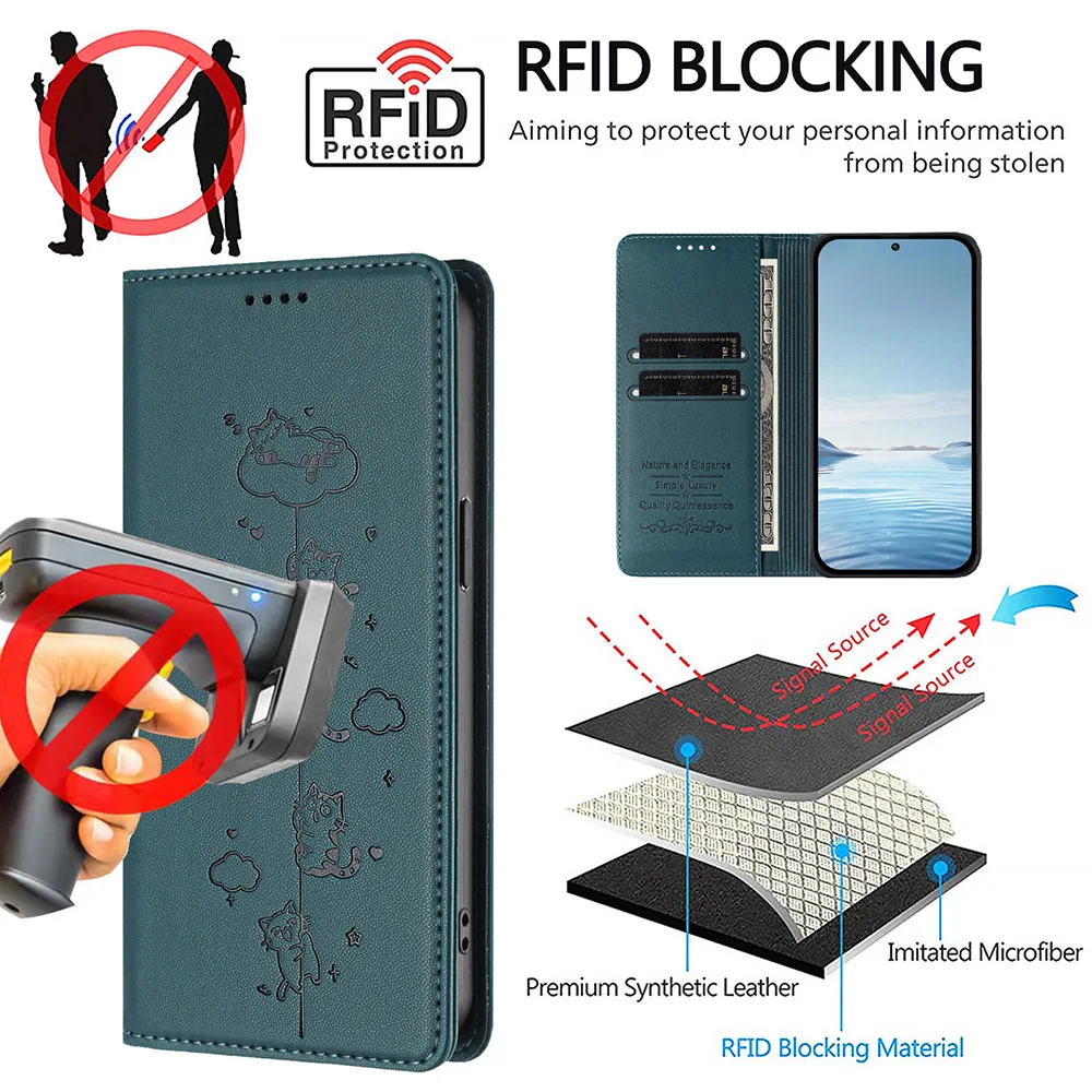 Premium Cat Leather Flip Wallet Case with RFID Protection