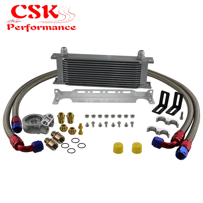 13 Row Engine Oil Cooler + Thermostat 80 Deg Oil Filter Adapter Kit Silver / Black